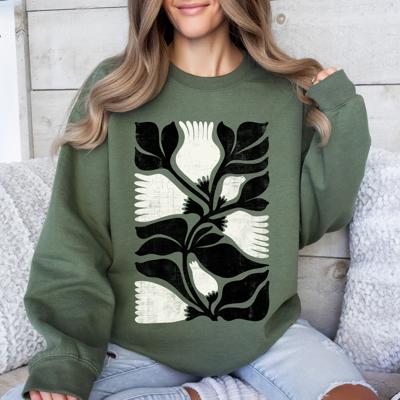 White Petal Flower And Black Leaf Vintage Boho Nature Watercolor Print Sweatshirt