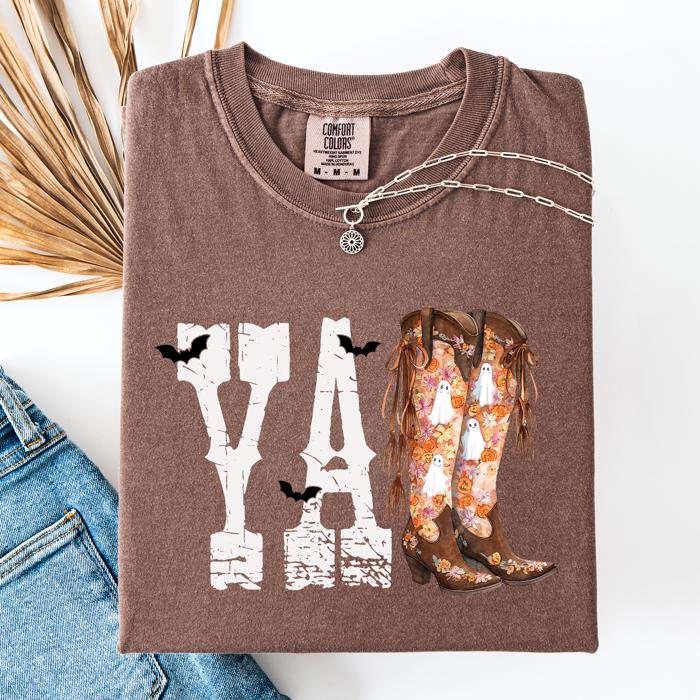 Y'all Cowboy Boots Western Halloween Autumn Fall Watercolor Graphic Comfort Colors Tee