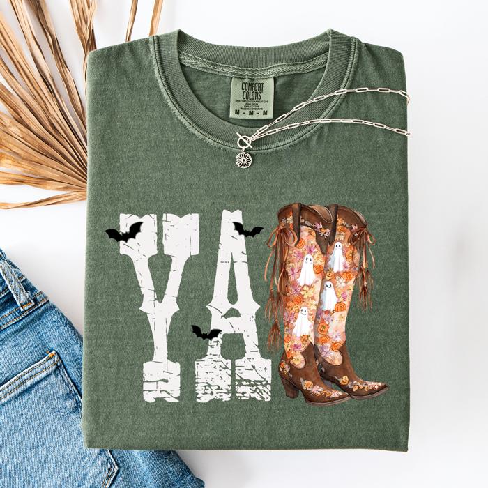 Y'all Cowboy Boots Western Halloween Autumn Fall Watercolor Graphic Comfort Colors Tee