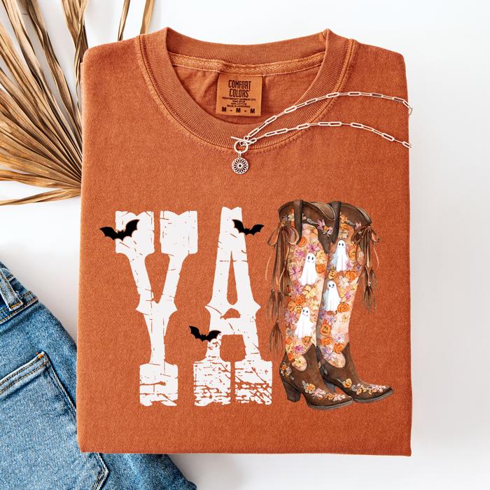 Y'all Cowboy Boots Western Halloween Autumn Fall Watercolor Graphic Comfort Colors Tee