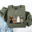 Small Military Green Halloween Black Cat Pumpkin Ghost Cats Retro Gothic Autumn Sweatshirt