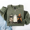 Small Military Green Halloween Black Cats Boo Ghost Cats Retro Gothic Autumn Cat Mama Sweatshirt
