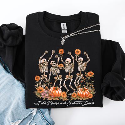 Fall Breeze and Autumn Leaves Skeletons Dancing Pumpkin Spice Halloween Sweatshirt