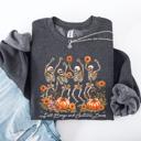 Large Dark Gray Heather Fall Breeze and Autumn Leaves Skeletons Dancing Pumpkin Spice Halloween Sweatshirt