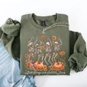 XXL Military Green Fall Breeze and Autumn Leaves Skeletons Dancing Pumpkin Spice Halloween Sweatshirt