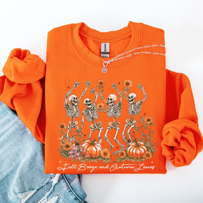 Fall Breeze and Autumn Leaves Skeletons Dancing Pumpkin Spice Halloween Sweatshirt