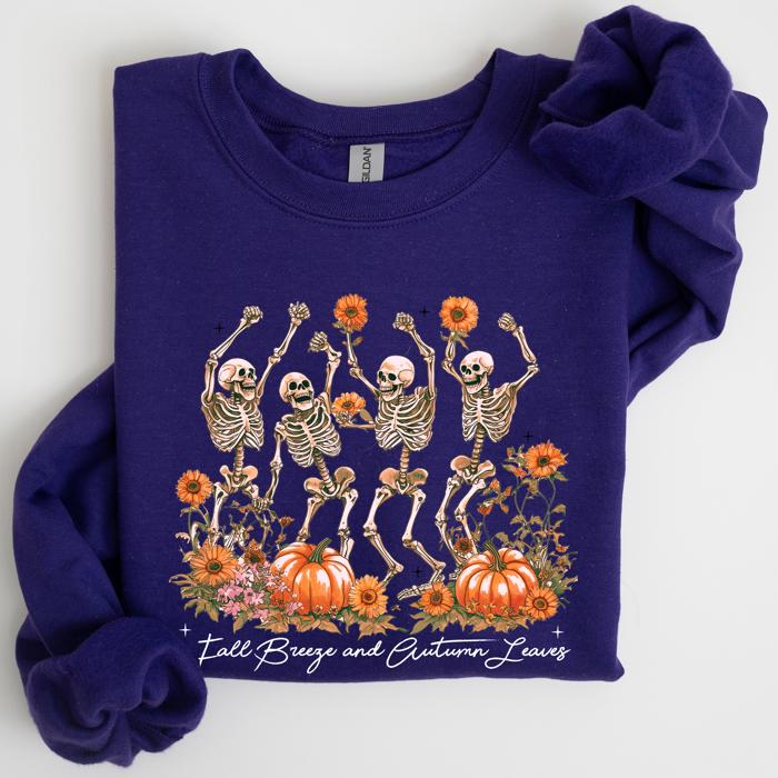 Fall Breeze and Autumn Leaves Skeletons Dancing Pumpkin Spice Halloween Sweatshirt
