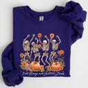 XXL Purple Fall Breeze and Autumn Leaves Skeletons Dancing Pumpkin Spice Halloween Sweatshirt