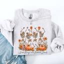 Small Ash Light Gray Fall Breeze and Autumn Leaves Skeletons Dancing Pumpkin Spice Halloween Sweatshirt