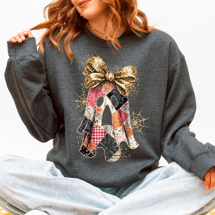 Faux Glitter Patchwork Ghost Coquette Halloween Retro Spooky Season Graphic Sweatshirt