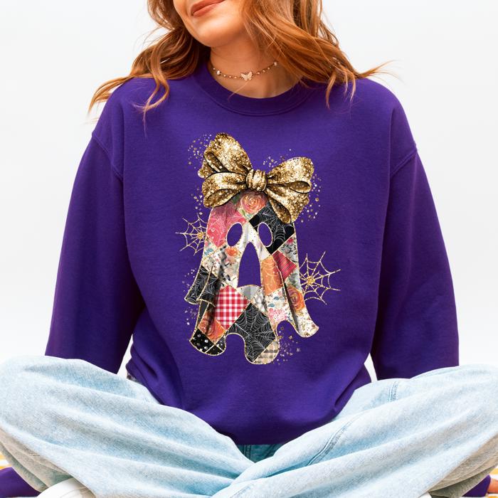Faux Glitter Patchwork Ghost Coquette Halloween Retro Spooky Season Graphic Sweatshirt