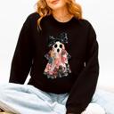 Large Black Faux Patchwork Lace Ghost With Glitter Accents And Vintage Halloween Coquette Ghost Sweatshirt