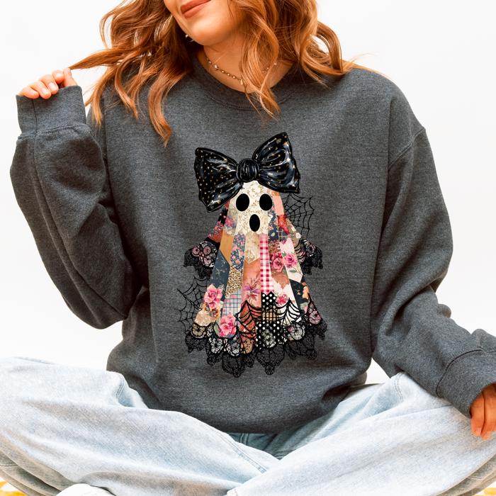 Faux Patchwork Lace Ghost With Glitter Accents And Vintage Halloween Coquette Ghost Sweatshirt