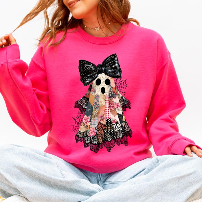 Faux Patchwork Lace Ghost With Glitter Accents And Vintage Halloween Coquette Ghost Sweatshirt