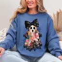 Small Indigo Blue Faux Patchwork Lace Ghost With Glitter Accents And Vintage Halloween Coquette Ghost Sweatshirt