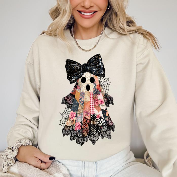 Faux Patchwork Lace Ghost With Glitter Accents And Vintage Halloween Coquette Ghost Sweatshirt