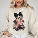 XL Sand Faux Patchwork Lace Ghost With Glitter Accents And Vintage Halloween Coquette Ghost Sweatshirt