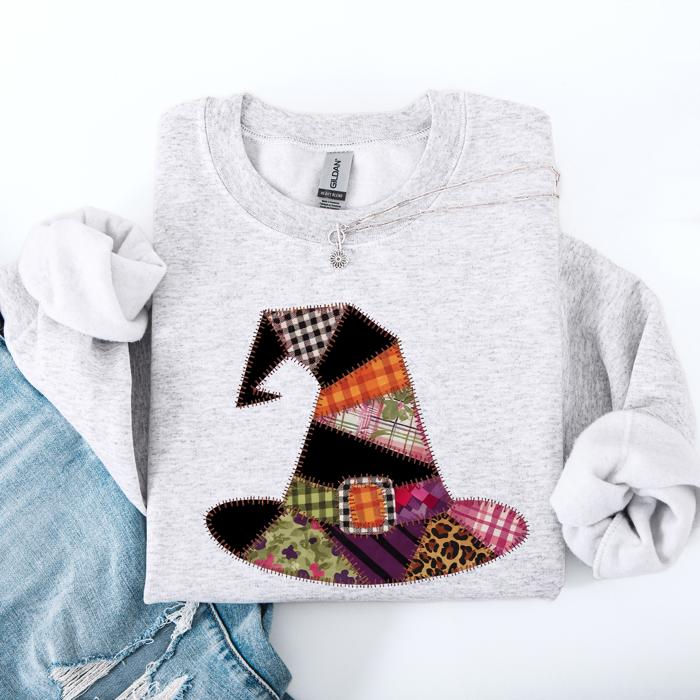 Faux Patchwork Witch Hat Patchwork Halloween Artful Spooky Season Witchy Vibes Sweatshirt