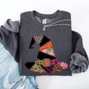XL Dark Gray Heather Faux Patchwork Witch Hat Patchwork Halloween Artful Spooky Season Witchy Vibes Sweatshirt