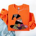 XL Orange Faux Patchwork Witch Hat Patchwork Halloween Artful Spooky Season Witchy Vibes Sweatshirt