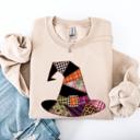 Large Sand Faux Patchwork Witch Hat Patchwork Halloween Artful Spooky Season Witchy Vibes Sweatshirt