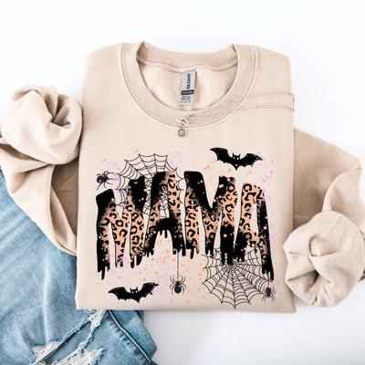 Halloween Mama Leopard Patchwork Spooky Season Witchy Retro Vibe Nostalgic Sweatshirt
