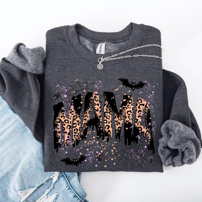 Halloween Mama Leopard Patchwork Spooky Season Witchy Retro Vibe Nostalgic Sweatshirt
