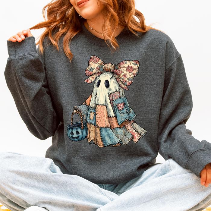 Retro Halloween Faux Denim Ghost Patchwork Spooky Ghost Coquette Boo Pumpkin Spooky Season Sweatshirt