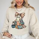  Retro Halloween Faux Denim Ghost Patchwork Spooky Ghost Coquette Boo Pumpkin Spooky Season Sweatshirt