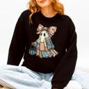 Small Black Retro Halloween Faux Denim Ghost Patchwork Spooky Ghost Coquette Boo Pumpkin Spooky Season Sweatshirt