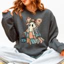 Small Dark Gray Heather Retro Halloween Faux Denim Ghost Patchwork Spooky Ghost Coquette Boo Pumpkin Spooky Season Sweatshirt