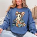 Large Indigo Blue Retro Halloween Faux Denim Ghost Patchwork Spooky Ghost Coquette Boo Pumpkin Spooky Season Sweatshirt
