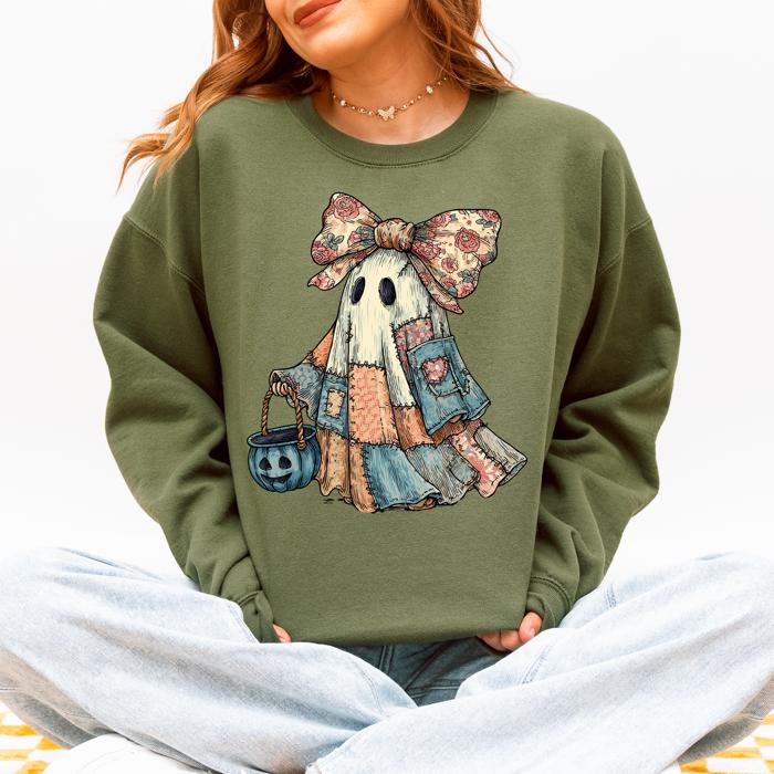 Retro Halloween Faux Denim Ghost Patchwork Spooky Ghost Coquette Boo Pumpkin Spooky Season Sweatshirt