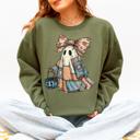 XL Military Green Retro Halloween Faux Denim Ghost Patchwork Spooky Ghost Coquette Boo Pumpkin Spooky Season Sweatshirt