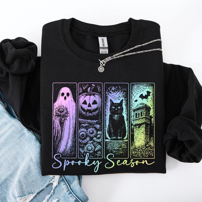 Spooky Season Graphic Sweatshirt With Retro Halloween Pastel Ghost Design And Faux Denim Accent
