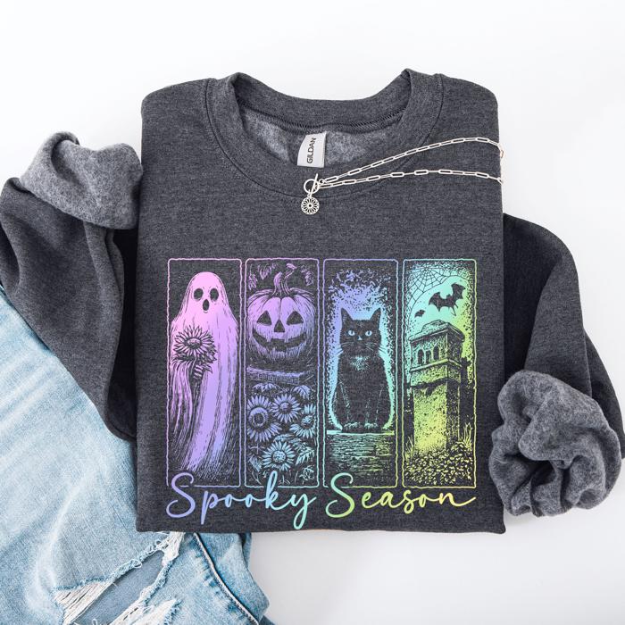 Spooky Season Graphic Sweatshirt With Retro Halloween Pastel Ghost Design And Faux Denim Accent