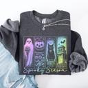 Medium Dark Gray Heather Spooky Season Graphic Sweatshirt With Retro Halloween Pastel Ghost Design And Faux Denim Accent