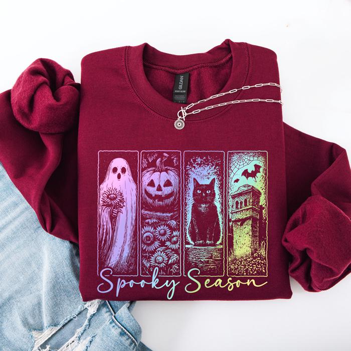 Spooky Season Graphic Sweatshirt With Retro Halloween Pastel Ghost Design And Faux Denim Accent