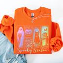 XXXL Orange Spooky Season Graphic Sweatshirt With Retro Halloween Pastel Ghost Design And Faux Denim Accent