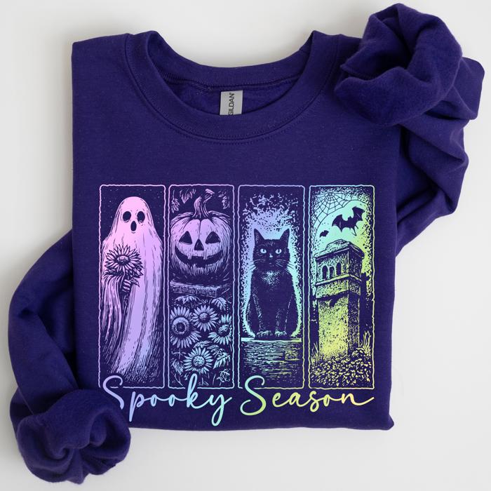 Spooky Season Graphic Sweatshirt With Retro Halloween Pastel Ghost Design And Faux Denim Accent