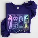 Medium Purple Spooky Season Graphic Sweatshirt With Retro Halloween Pastel Ghost Design And Faux Denim Accent