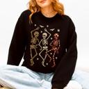 XXL Black Halloween Dancing Skeletons Retro Leopard Checker Cherry Print Spooky Season Graphic Sweatshirt