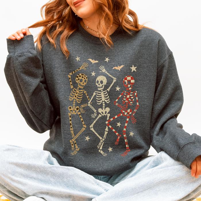 Halloween Dancing Skeletons Retro Leopard Checker Cherry Print Spooky Season Graphic Sweatshirt