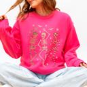 Large Crunchberry Bright Pink Halloween Dancing Skeletons Retro Leopard Checker Cherry Print Spooky Season Graphic Sweatshirt