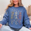 Medium Indigo Blue Halloween Dancing Skeletons Retro Leopard Checker Cherry Print Spooky Season Graphic Sweatshirt