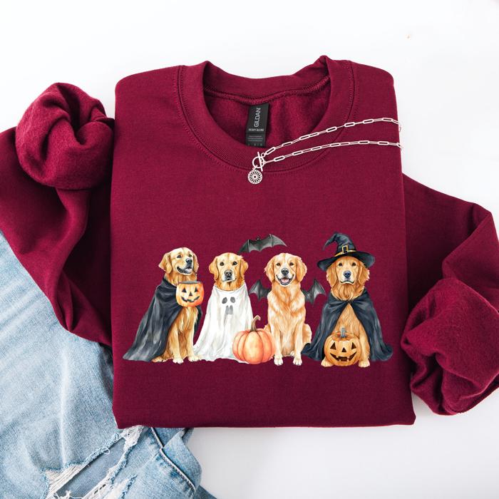 Adorable Halloween Dogs, Bats, Pumpkins, Spooky Witch Patchwork Retro Sweatshirt