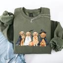 XXL Military Green Adorable Halloween Dogs, Bats, Pumpkins, Spooky Witch Patchwork Retro Sweatshirt