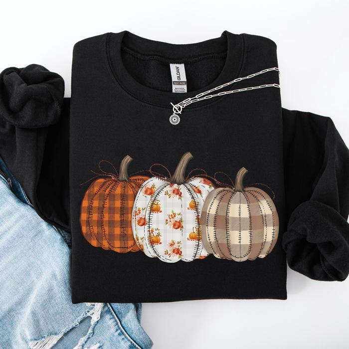 Cute Patterned Pumpkins Plaid Patchwork Print Halloween Autumn Season Edition Sweatshirt