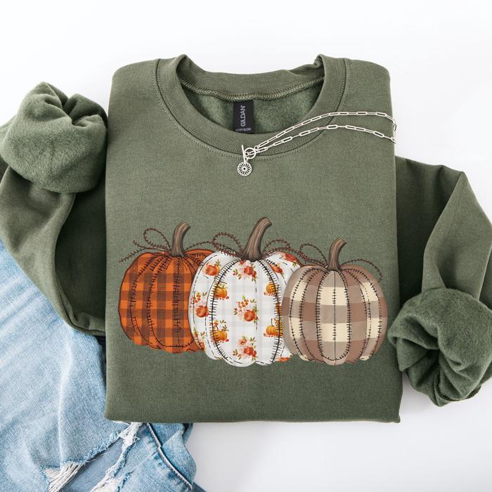 Cute Patterned Pumpkins Plaid Patchwork Print Halloween Autumn Season Edition Sweatshirt