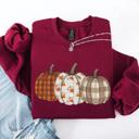 Small Maroon Cute Patterned Pumpkins Plaid Patchwork Print Halloween Autumn Season Edition Sweatshirt